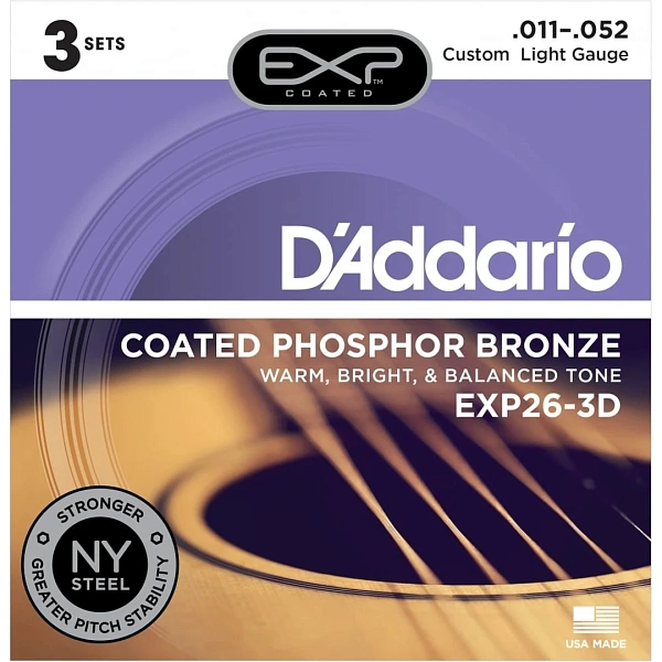 Струны для акустической гитары D’Addario EXP26-3D Coated Phosphor Bronze 11-52