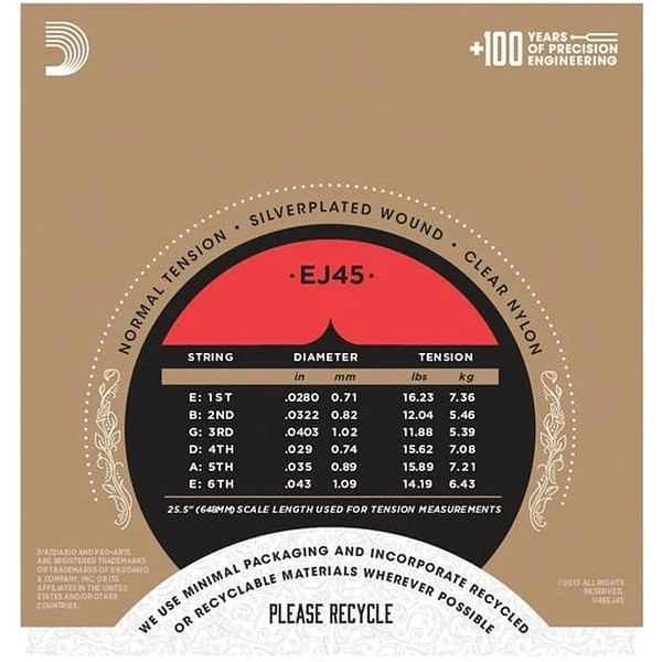Струны для классической гитары D'Addario EJ45 Normal Tension