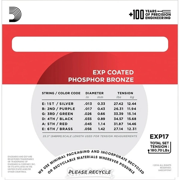 Струны для акустической гитары D'Addario EXP17 Medium 13-56