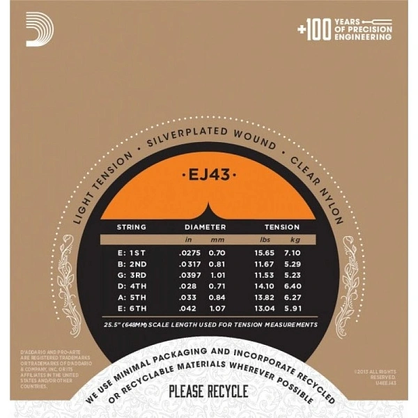 Струны для классической гитары D'Addario EJ43 Light Tension