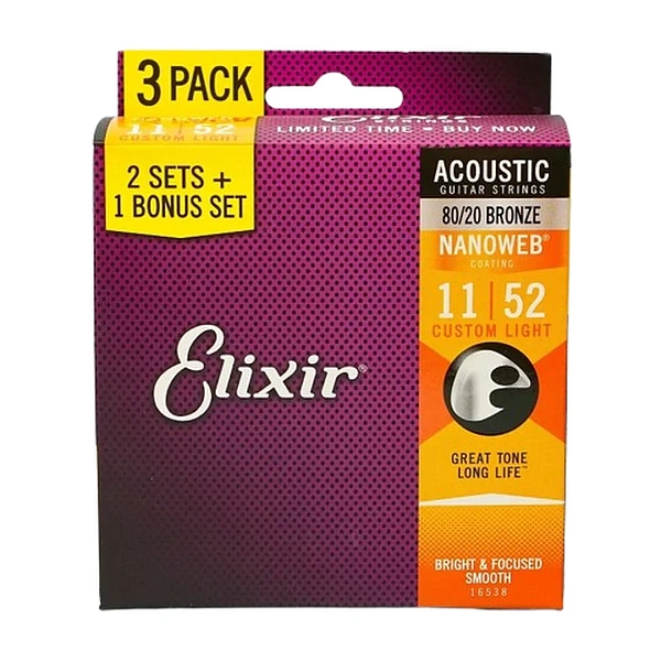 Струны для акустической гитары Elixir 16538 11-52 Bonus Set