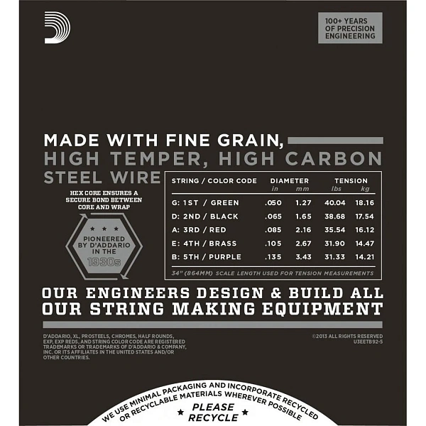 Струны для бас-гитары D’Addario ETB92-5 50-135